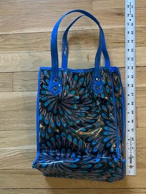VTG from late 60's Clear Floral  Vinyl Tote Bag with Blue Trim - Women